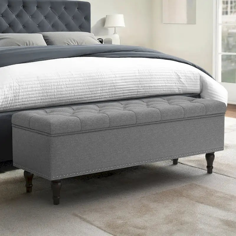 Tufted Storage Bench — Upholstered Ottoman with Wood Legs | 50.8" W × 17.1" D × 18.3" H