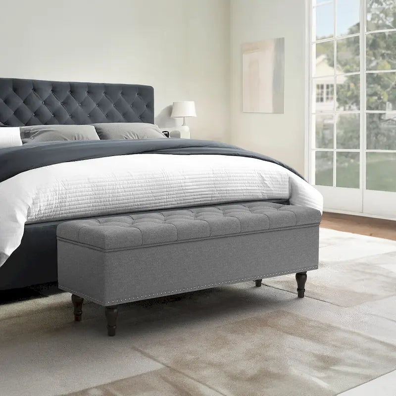 Tufted Storage Bench — Upholstered Ottoman with Wood Legs | 50.8" W × 17.1" D × 18.3" H