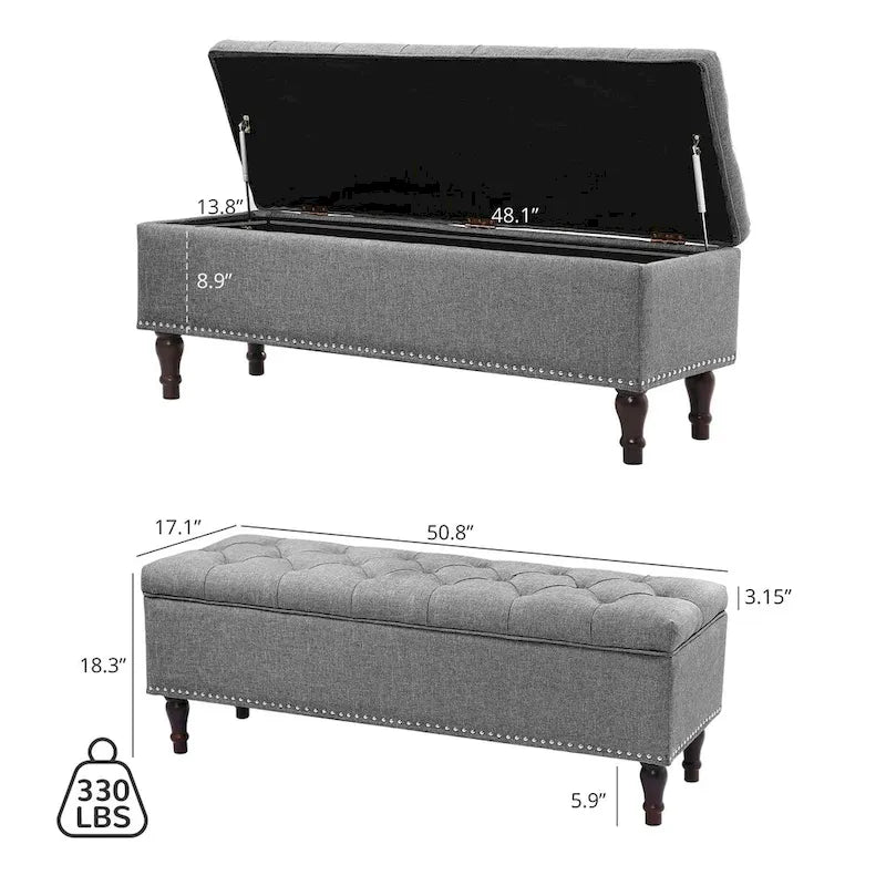 Tufted Storage Bench — Upholstered Ottoman with Wood Legs | 50.8" W × 17.1" D × 18.3" H
