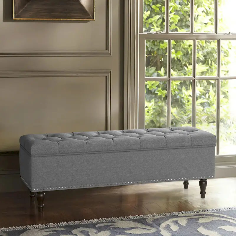 Tufted Storage Bench — Upholstered Ottoman with Wood Legs | 50.8" W × 17.1" D × 18.3" H