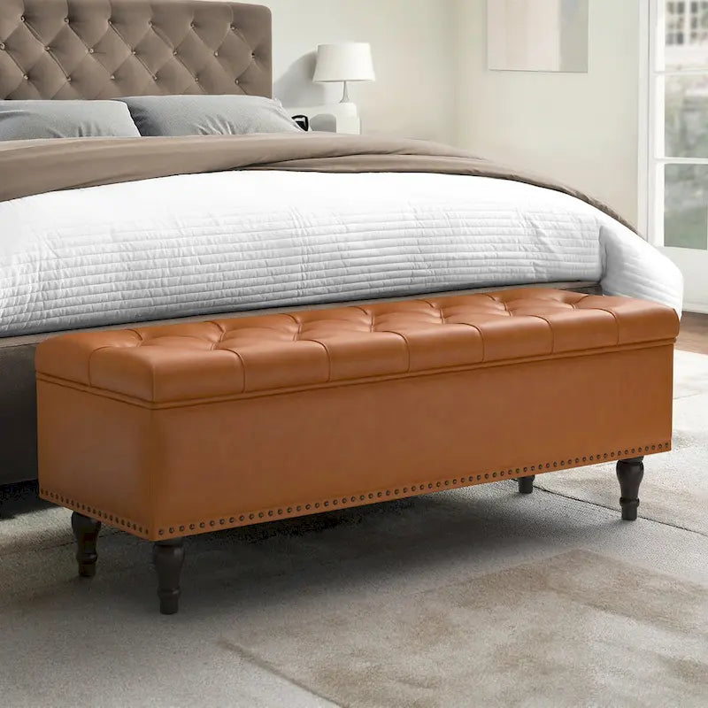 Tufted Storage Bench — Upholstered Ottoman with Wood Legs | 50.8" W × 17.1" D × 18.3" H
