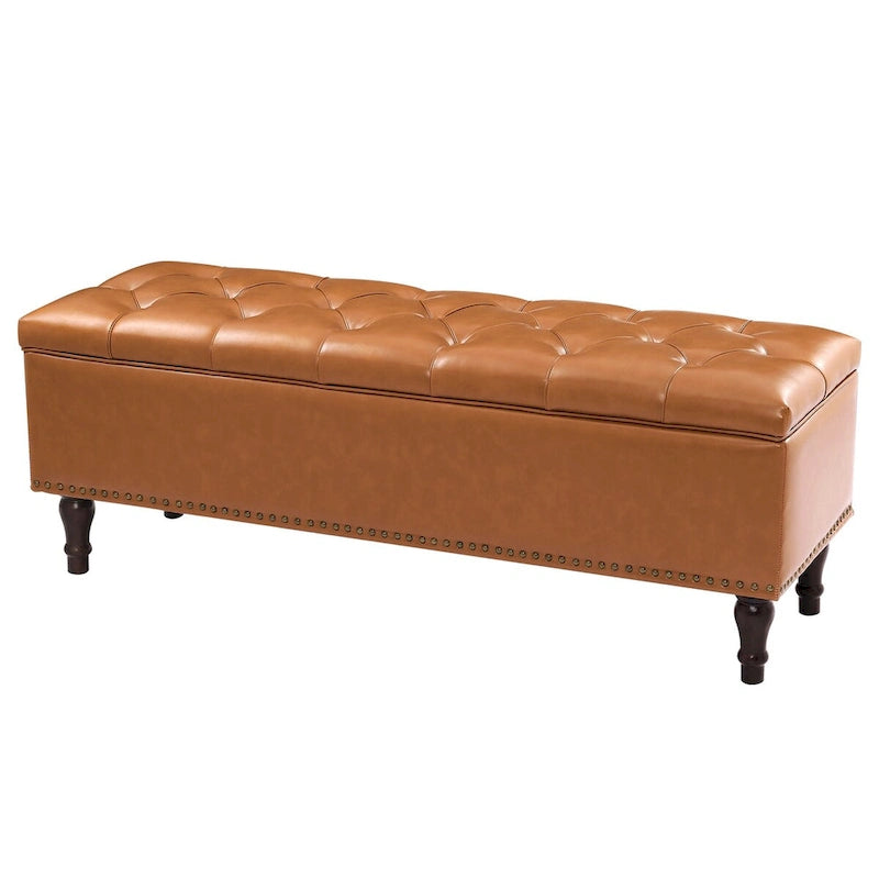 Tufted Storage Bench — Upholstered Ottoman with Wood Legs | 50.8" W × 17.1" D × 18.3" H
