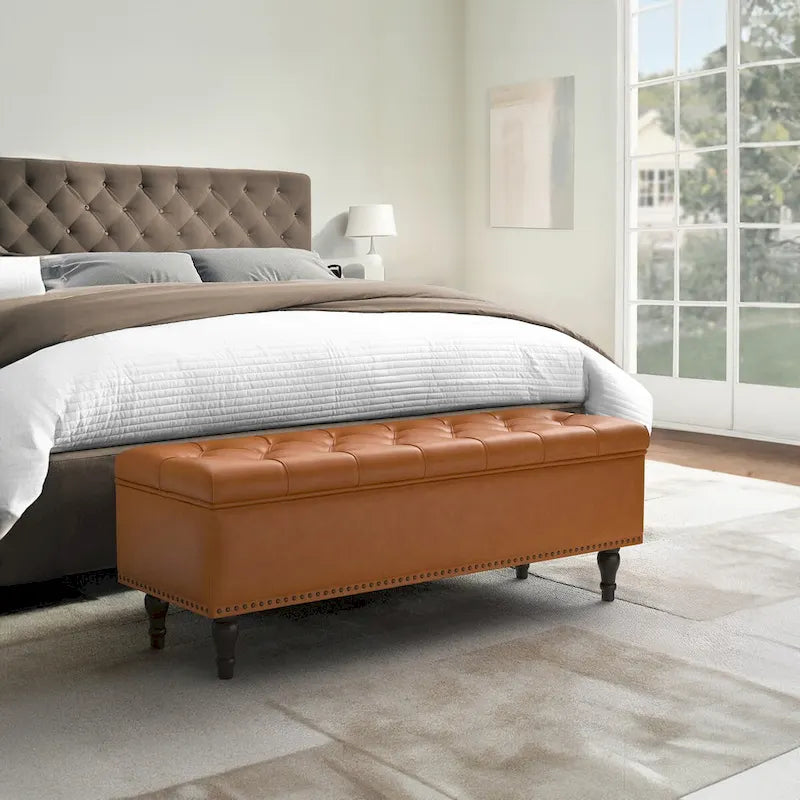 Tufted Storage Bench — Upholstered Ottoman with Wood Legs | 50.8" W × 17.1" D × 18.3" H