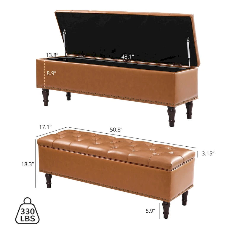 Tufted Storage Bench — Upholstered Ottoman with Wood Legs | 50.8" W × 17.1" D × 18.3" H