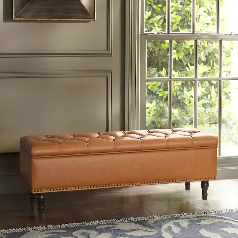 Tufted Storage Bench — Upholstered Ottoman with Wood Legs | 50.8" W × 17.1" D × 18.3" H