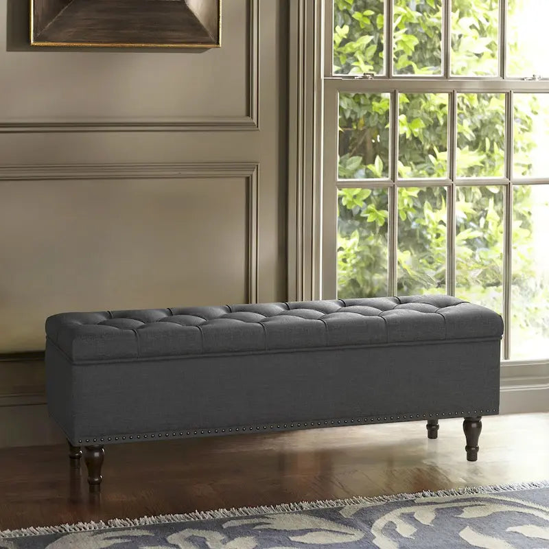 Tufted Storage Bench — Upholstered Ottoman with Wood Legs | 50.8" W × 17.1" D × 18.3" H