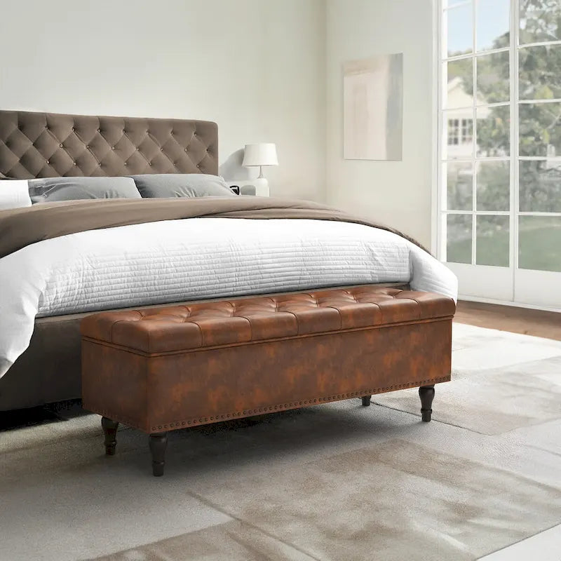 Tufted Storage Bench — Upholstered Ottoman with Wood Legs | 50.8" W × 17.1" D × 18.3" H
