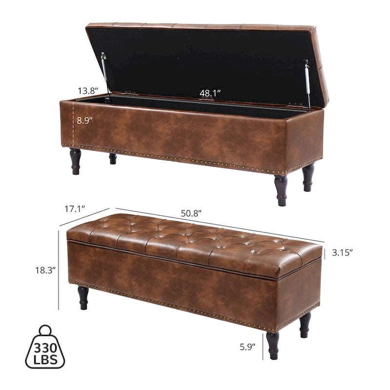 Tufted Storage Bench — Upholstered Ottoman with Wood Legs | 50.8" W × 17.1" D × 18.3" H