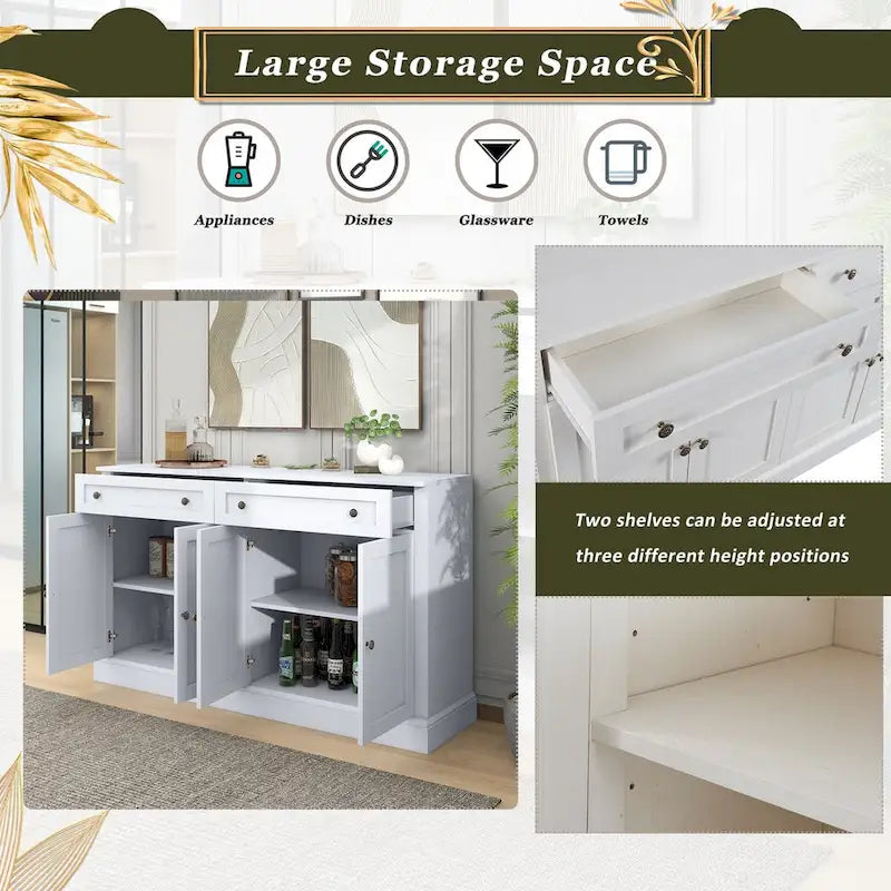 Kitchen Sideboard Storage Buffet Cabinet with 2 Drawers & 4 Doors Adjustable Shelves for Dining Room, Living Room (White)