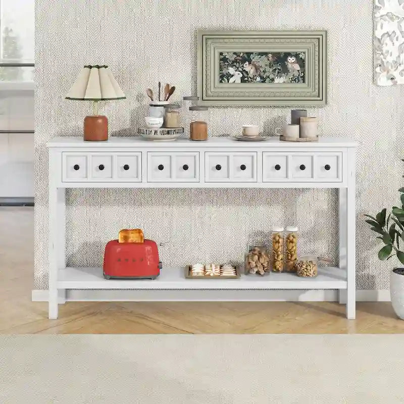 Rustic Console Table with 4 Drawers and Bottom Shelf | Distressed Finish