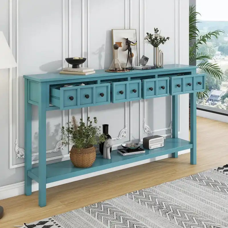 Rustic Console Table with 4 Drawers and Bottom Shelf | Distressed Finish