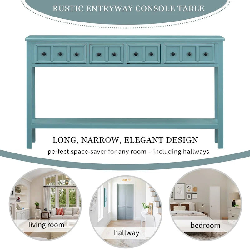 Rustic Console Table with 4 Drawers and Bottom Shelf | Distressed Finish
