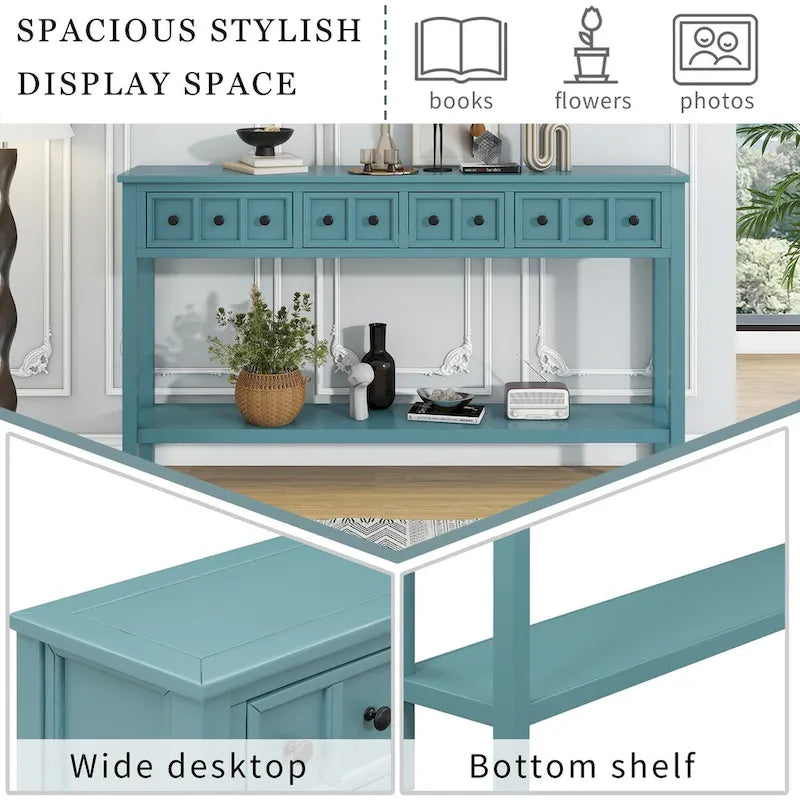 Rustic Console Table with 4 Drawers and Bottom Shelf | Distressed Finish