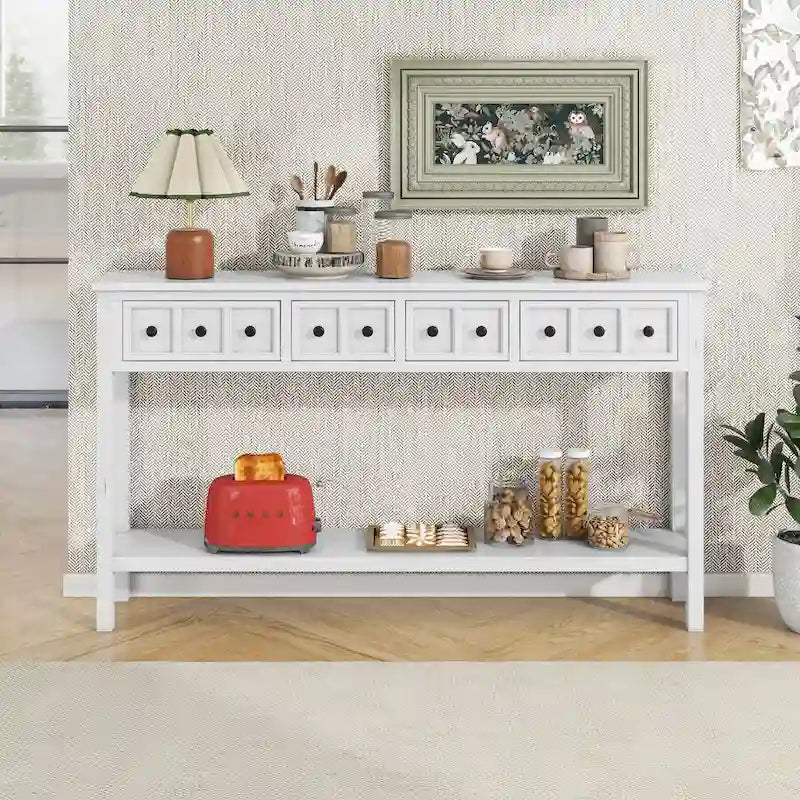 Rustic Console Table with 4 Drawers and Bottom Shelf | Distressed Finish