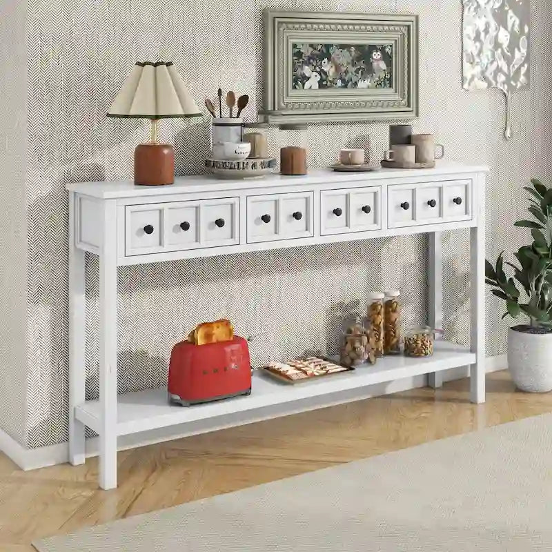 Rustic Console Table with 4 Drawers and Bottom Shelf | Distressed Finish