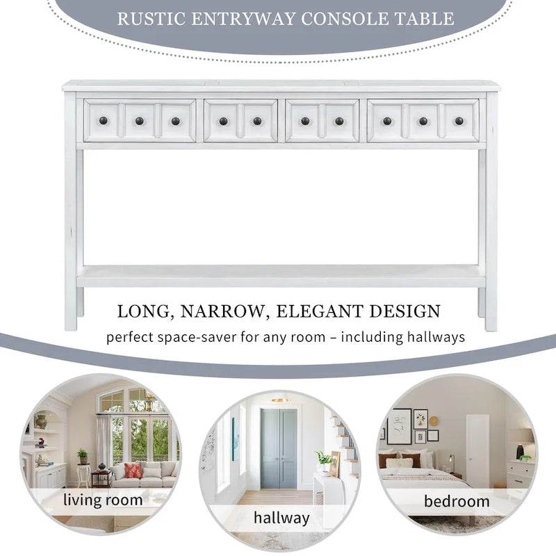 Rustic Console Table with 4 Drawers and Bottom Shelf | Distressed Finish