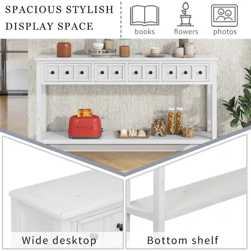 Rustic Console Table with 4 Drawers and Bottom Shelf | Distressed Finish