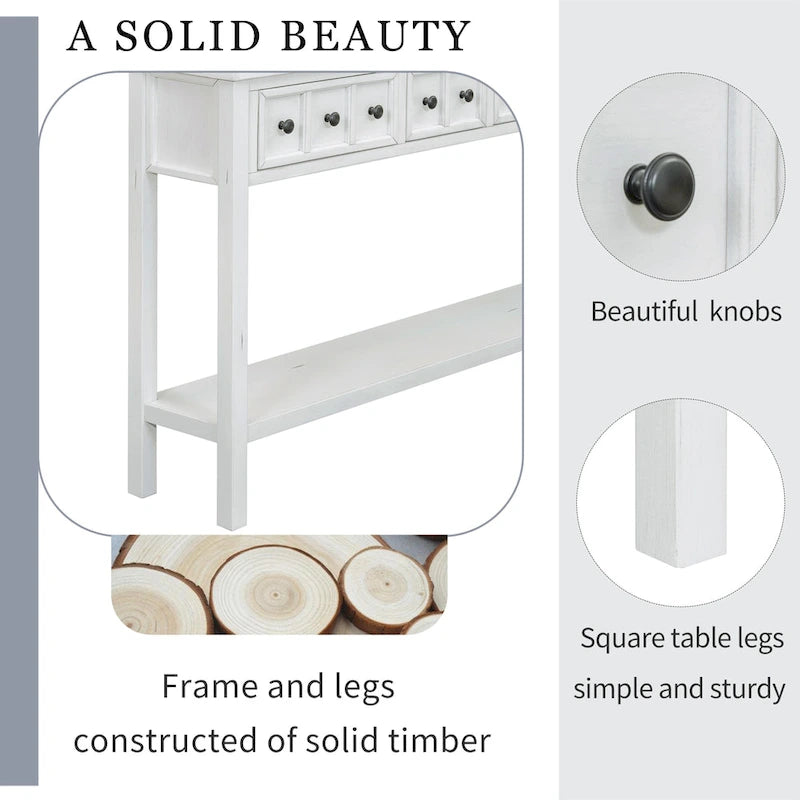 Rustic Console Table with 4 Drawers and Bottom Shelf | Distressed Finish