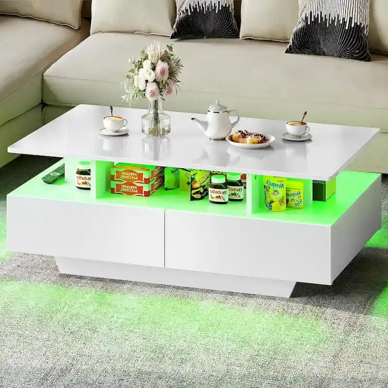 Modern Glossy Coffee Table with LED Lights and 4 Sliding Drawers