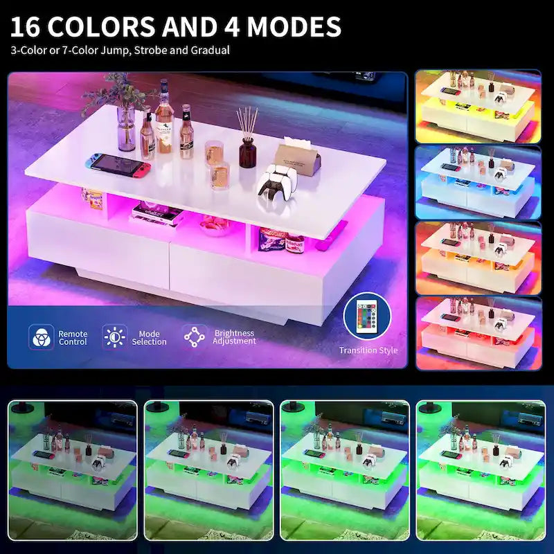 Modern Glossy Coffee Table with LED Lights and 4 Sliding Drawers