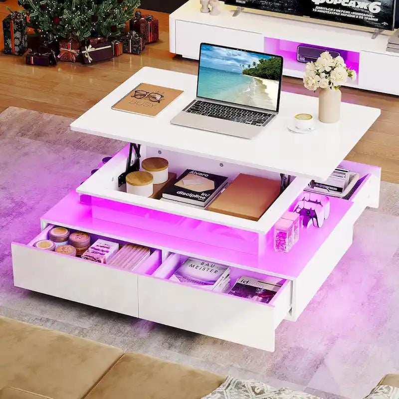 Modern Glossy Coffee Table with LED Lights and 4 Sliding Drawers