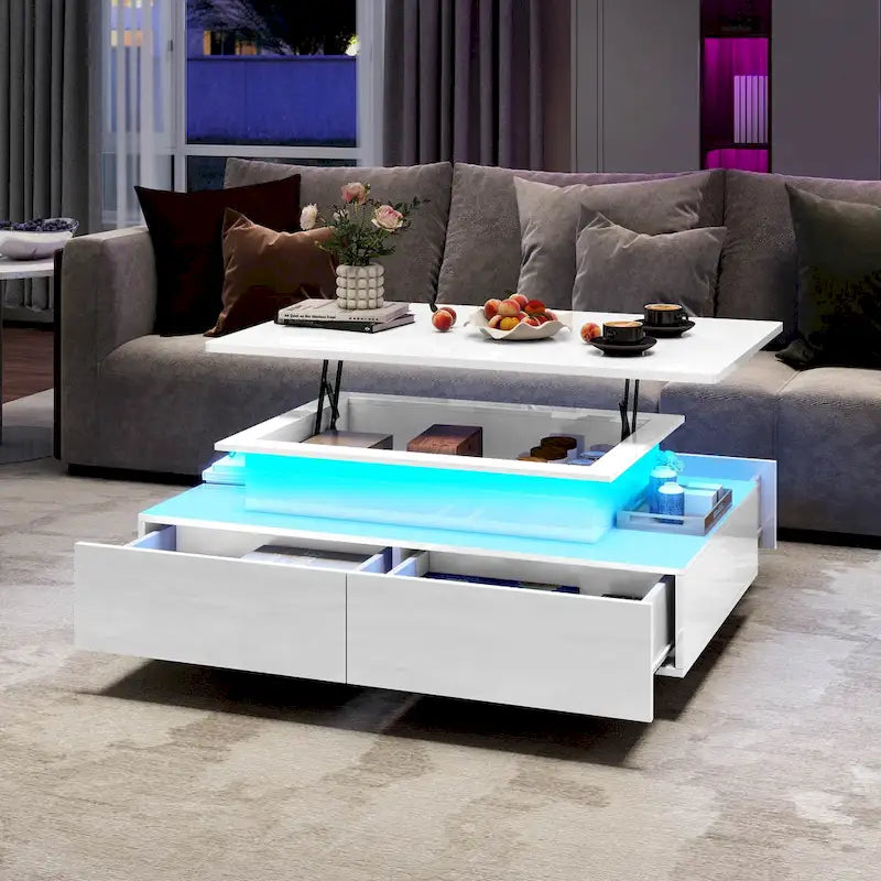 Modern Glossy Coffee Table with LED Lights and 4 Sliding Drawers