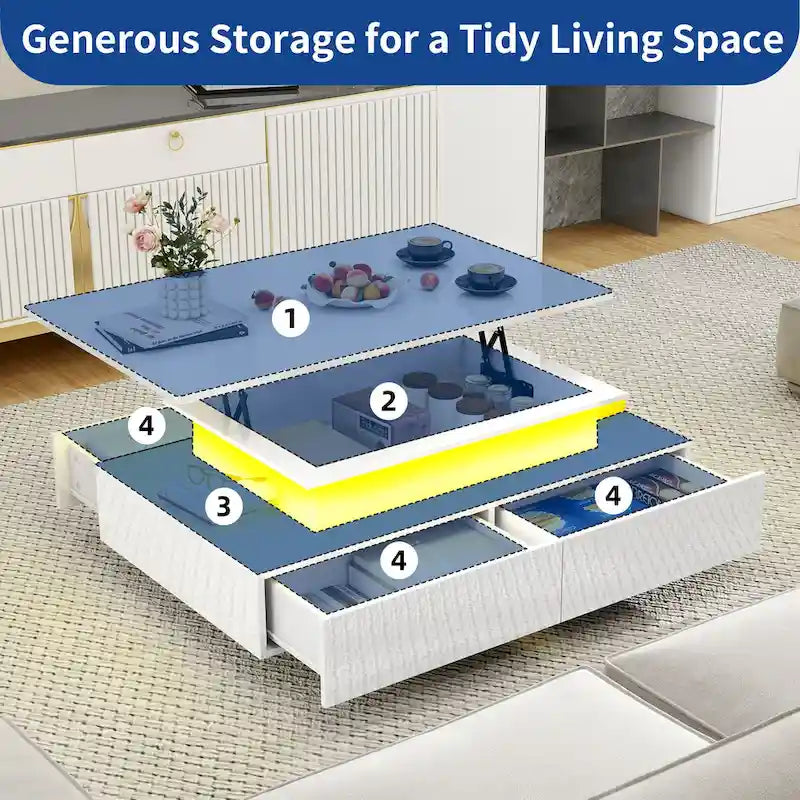 Modern Glossy Coffee Table with LED Lights and 4 Sliding Drawers