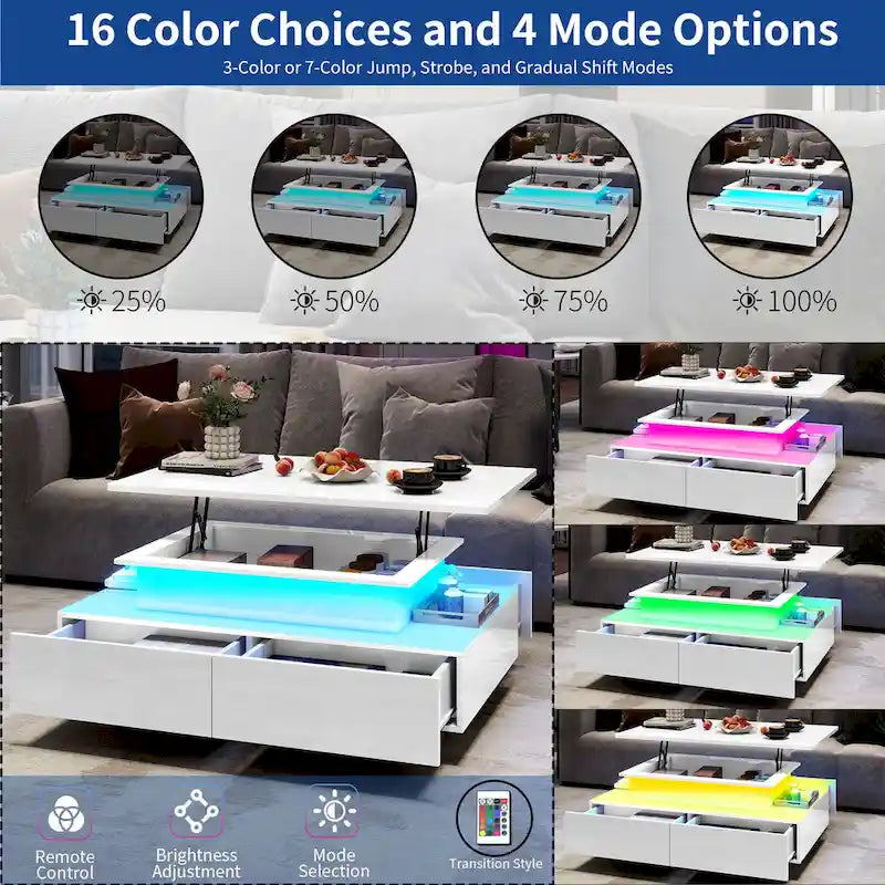 Modern Glossy Coffee Table with LED Lights and 4 Sliding Drawers