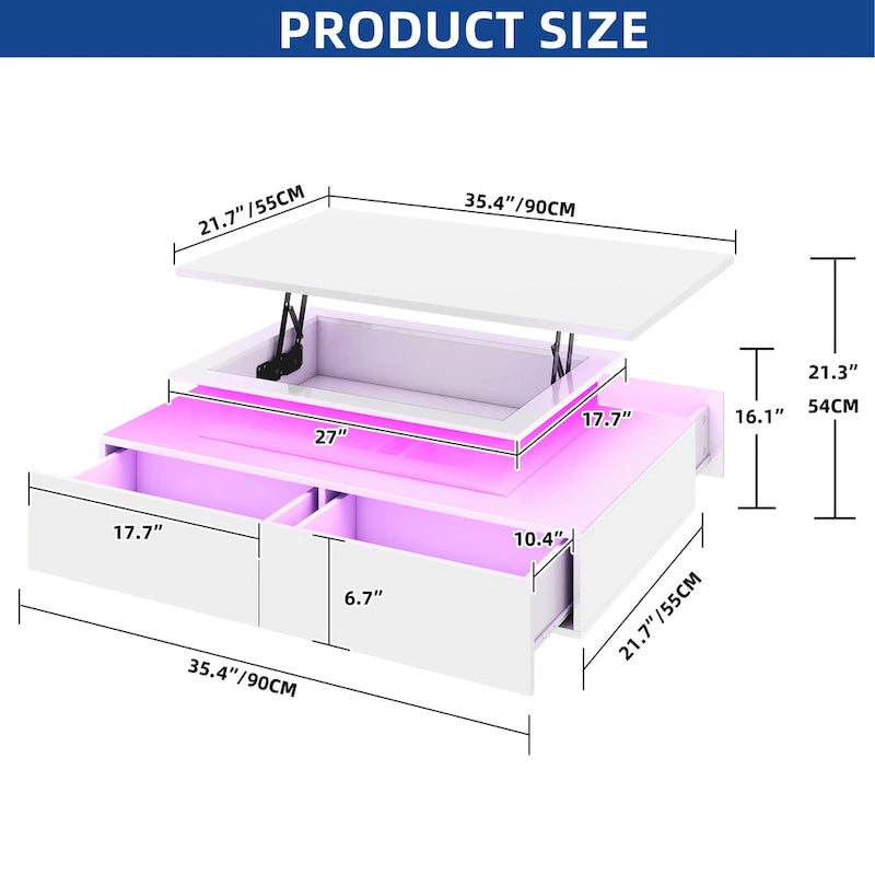 Modern Glossy Coffee Table with LED Lights and 4 Sliding Drawers