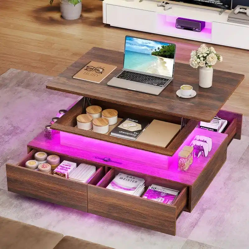 Modern Glossy Coffee Table with LED Lights and 4 Sliding Drawers