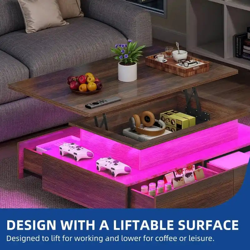 Modern Glossy Coffee Table with LED Lights and 4 Sliding Drawers