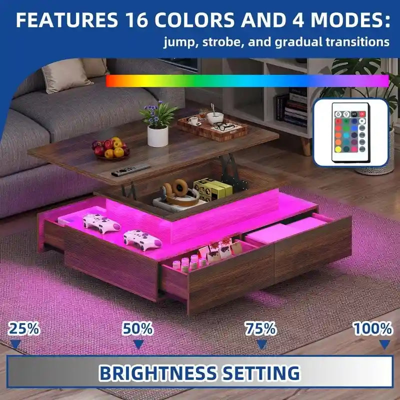 Modern Glossy Coffee Table with LED Lights and 4 Sliding Drawers