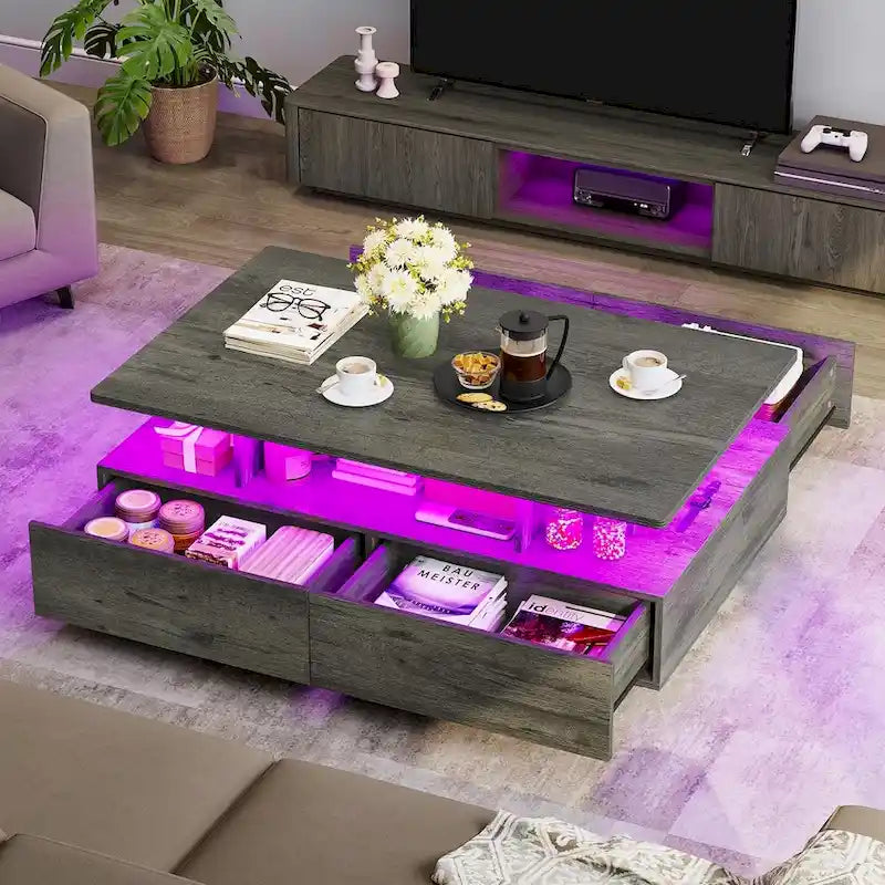 Modern Glossy Coffee Table with LED Lights and 4 Sliding Drawers