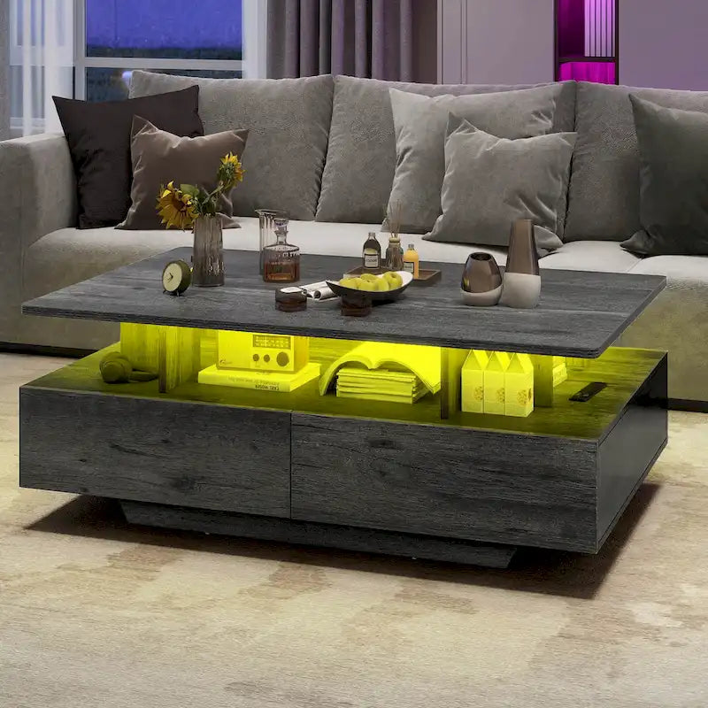 Modern Glossy Coffee Table with LED Lights and 4 Sliding Drawers