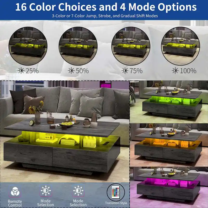 Modern Glossy Coffee Table with LED Lights and 4 Sliding Drawers