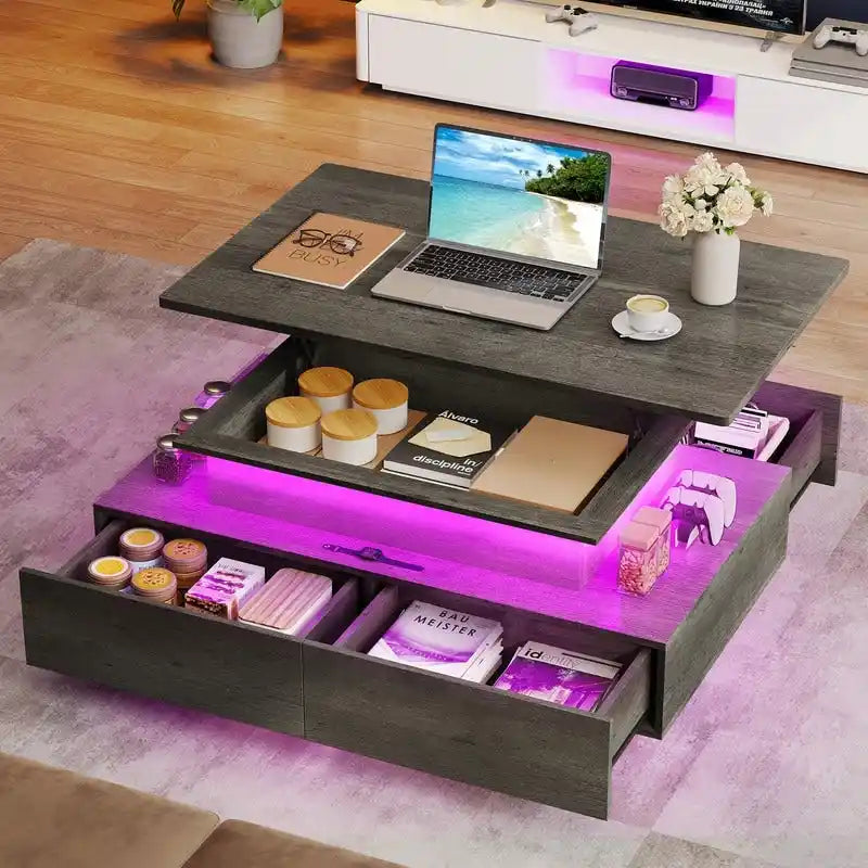 Modern Glossy Coffee Table with LED Lights and 4 Sliding Drawers