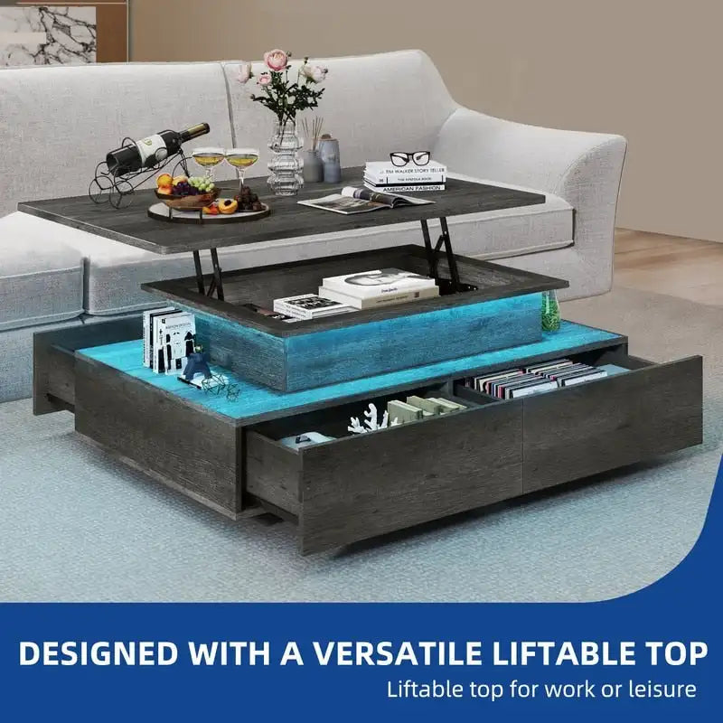 Modern Glossy Coffee Table with LED Lights and 4 Sliding Drawers
