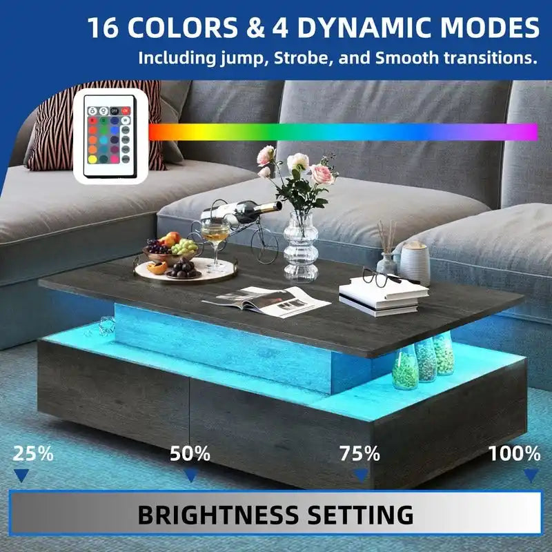Modern Glossy Coffee Table with LED Lights and 4 Sliding Drawers