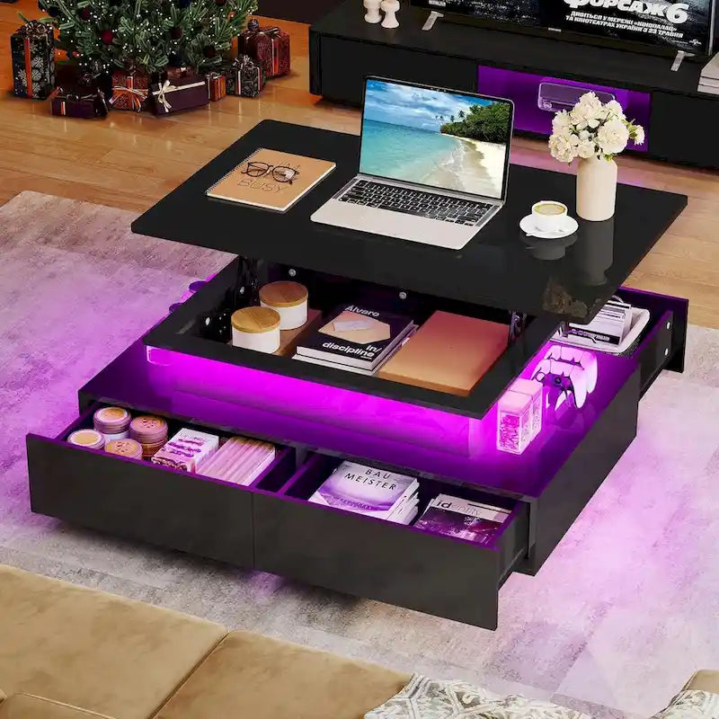 Modern Glossy Coffee Table with LED Lights and 4 Sliding Drawers
