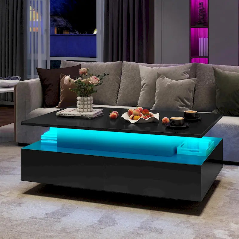 Modern Glossy Coffee Table with LED Lights and 4 Sliding Drawers
