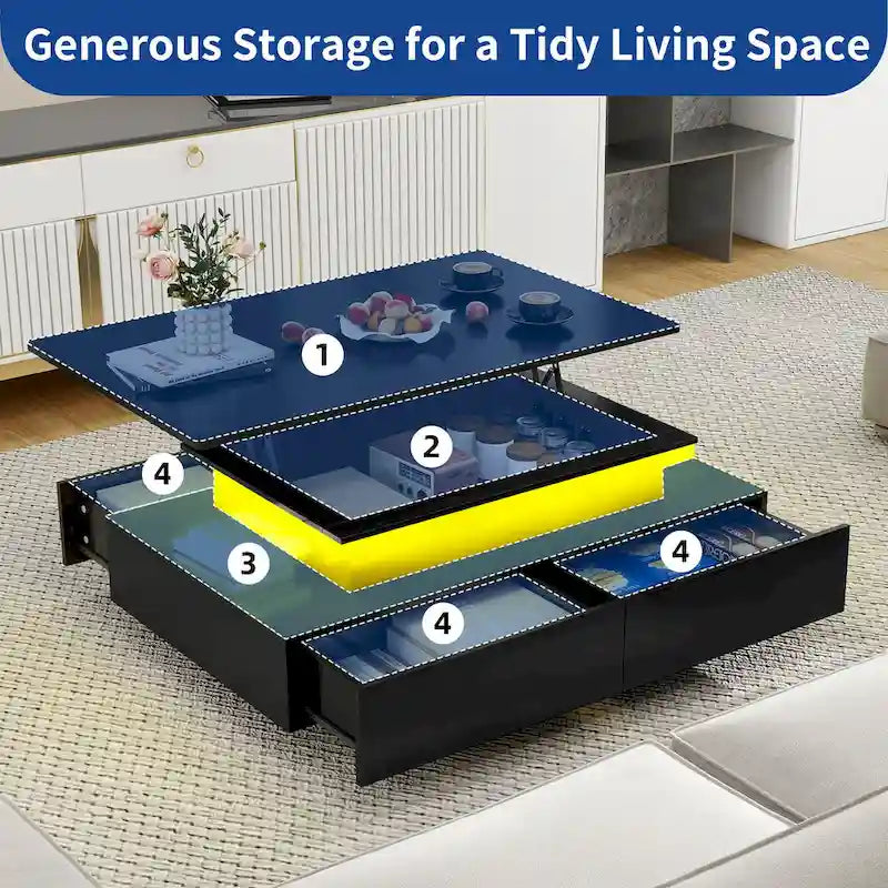 Modern Glossy Coffee Table with LED Lights and 4 Sliding Drawers