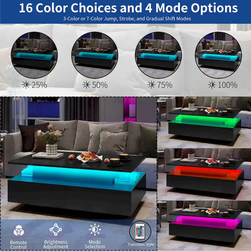 Modern Glossy Coffee Table with LED Lights and 4 Sliding Drawers