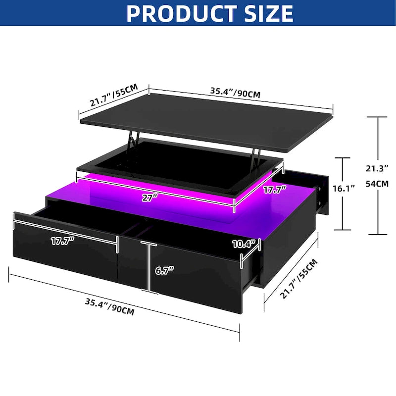 Modern Glossy Coffee Table with LED Lights and 4 Sliding Drawers