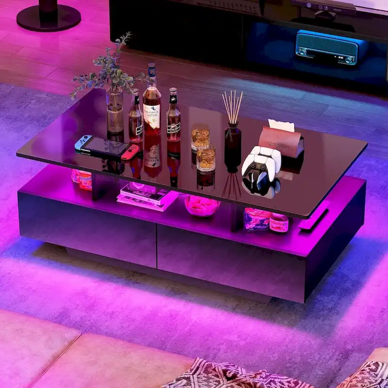 Modern Glossy Coffee Table with LED Lights and 4 Sliding Drawers