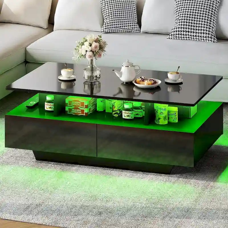 Modern Glossy Coffee Table with LED Lights and 4 Sliding Drawers